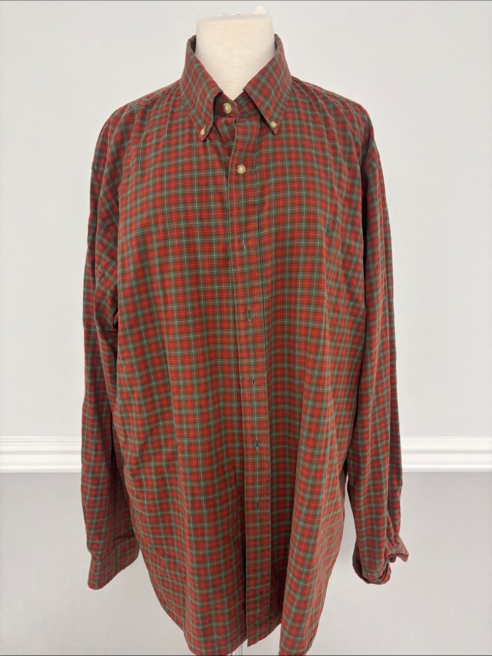 Men's Red and Green Plaid Button-Down Shirt